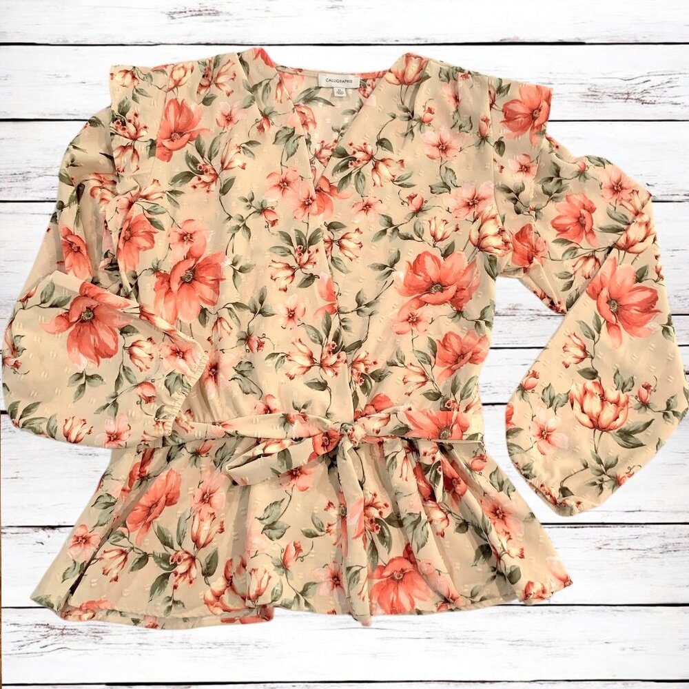 Calligraphie Women’s Top Floral Blouse XL-adjustable waist